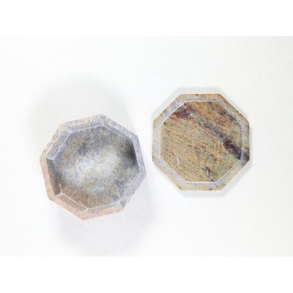 Vintage marble inlaid trinket box, octagonal alabaster green brown stone box, - Picture 7 of 8